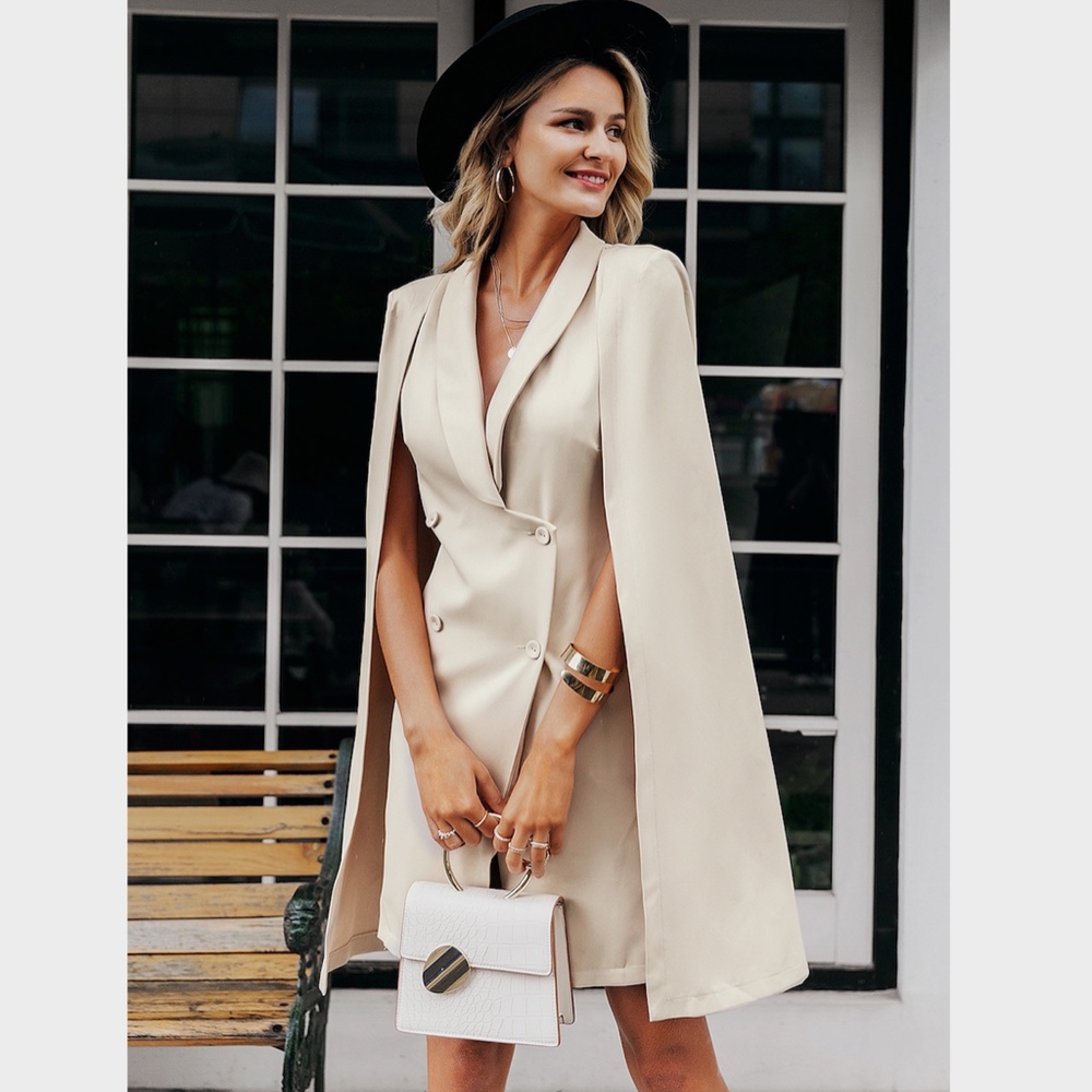 Beige Cape Double Breasted Office Dress - Picture 3 of 8